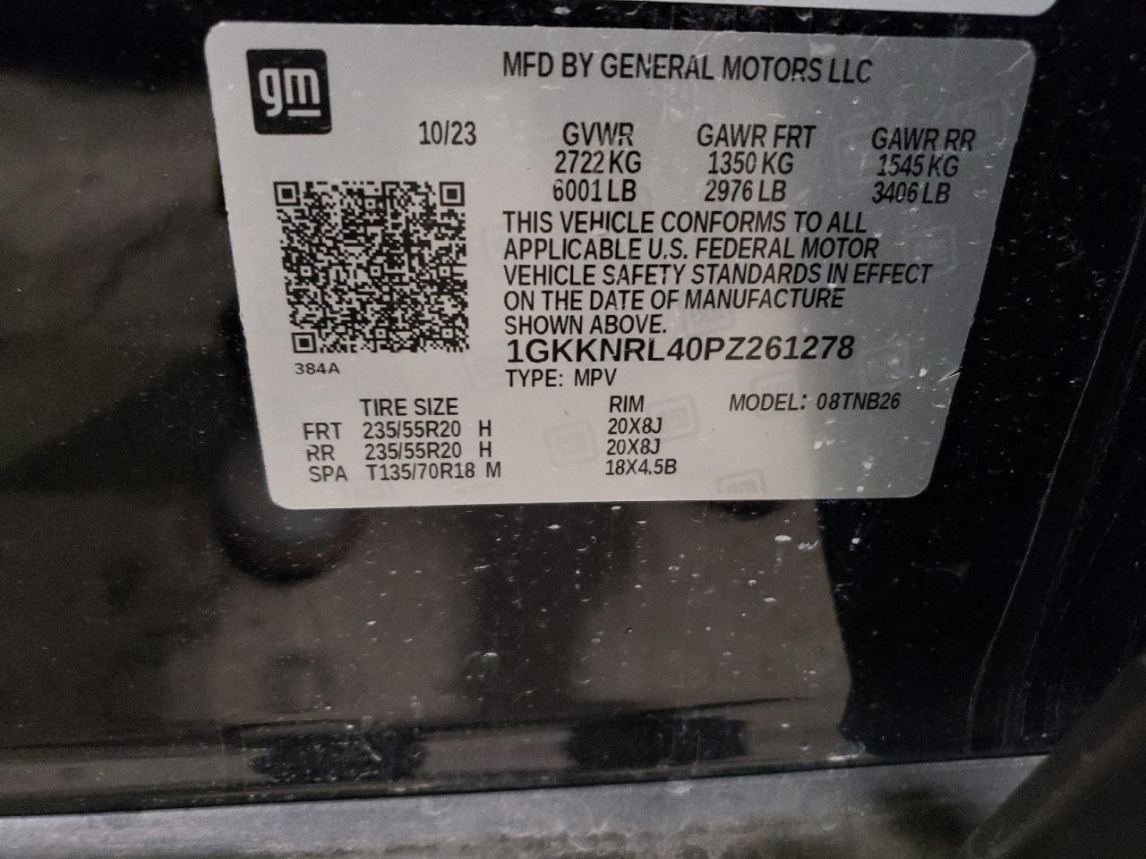 2023 GMC ACADIA SLE VIN:1GKKNRL40PZ261278