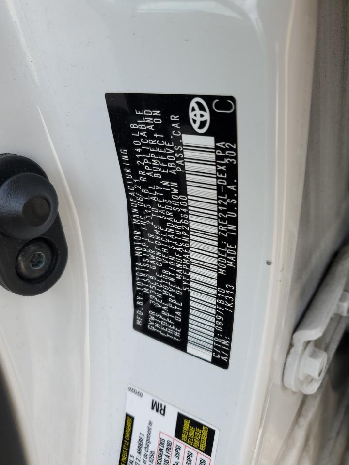 2022 TOYOTA COROLLA LE VIN:5YFEPMAE6NP266400