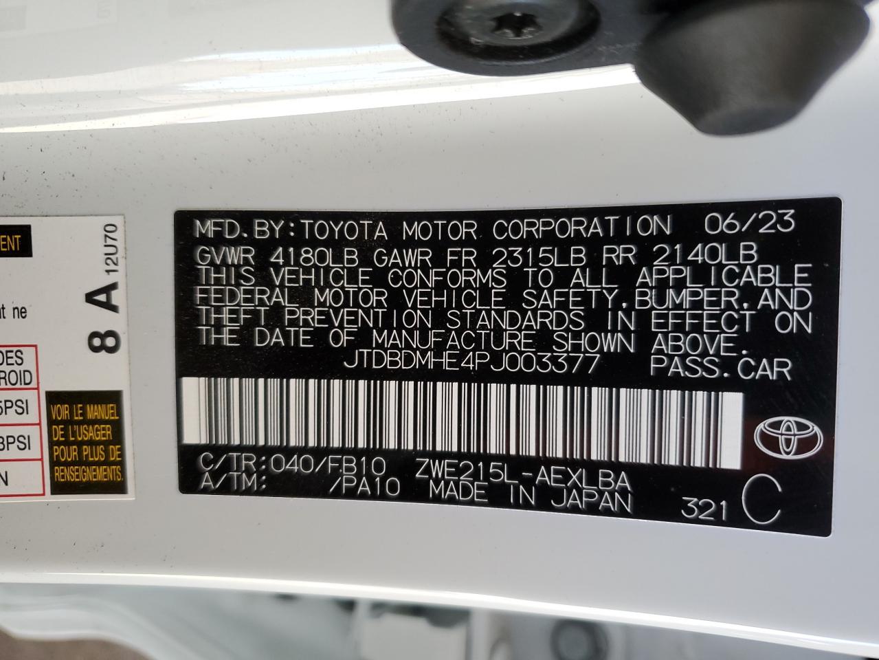 2023 TOYOTA COROLLA LE VIN:JTDBDMHE4PJ003377