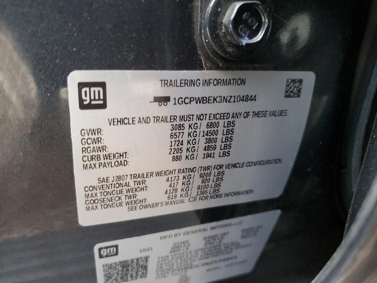 2022 CHEVROLET SILVERADO LTD C1500 CUSTOM VIN:1GCPWBEK3NZ104844