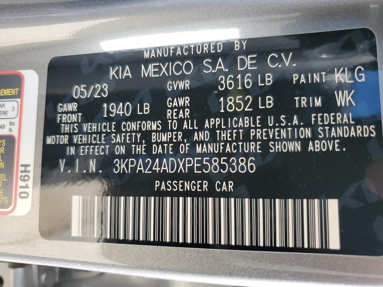 2023 KIA RIO LX VIN:3KPA24ADXPE585386