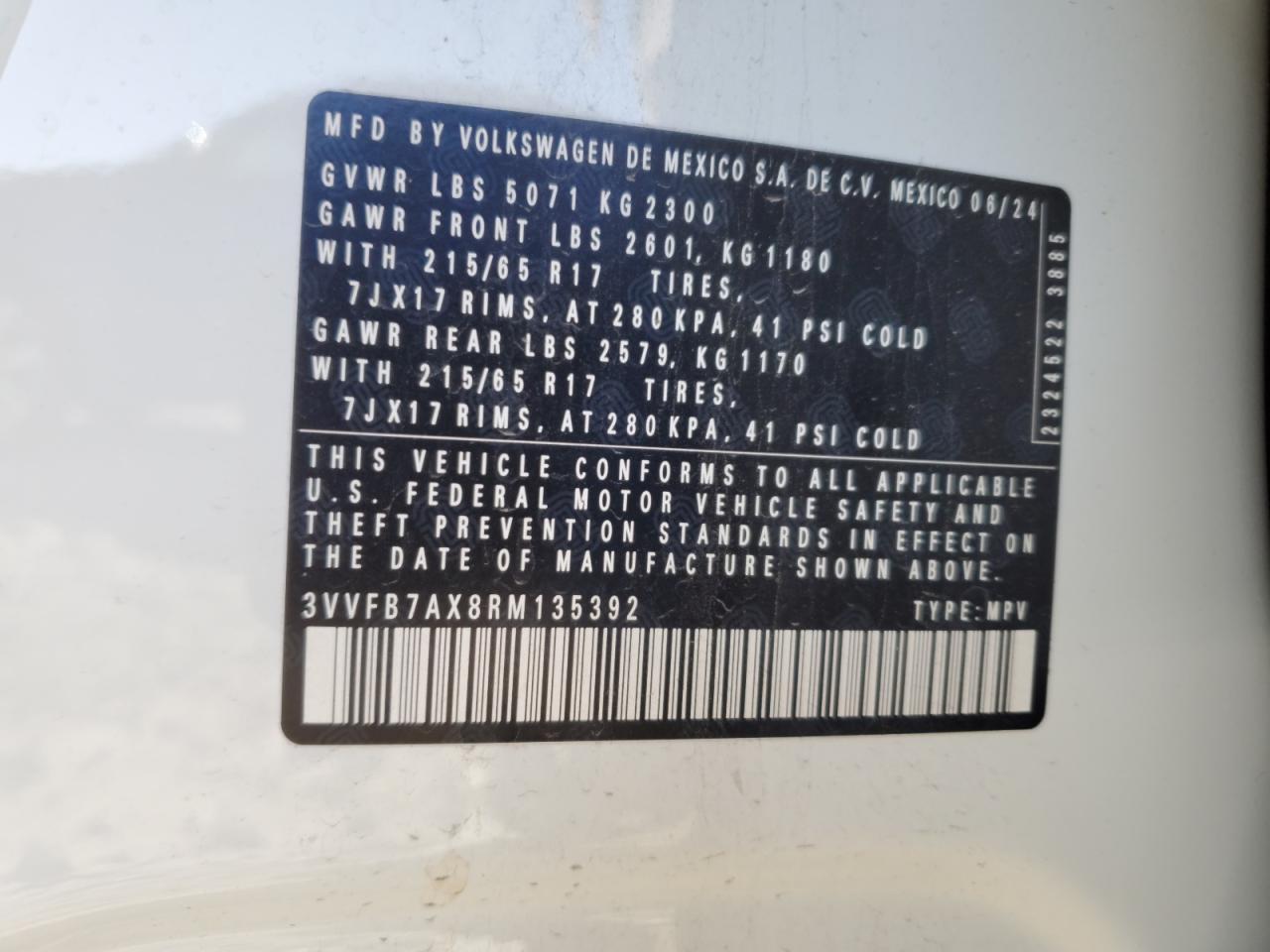 2024 VOLKSWAGEN TIGUAN S VIN:3VVFB7AX8RM135392