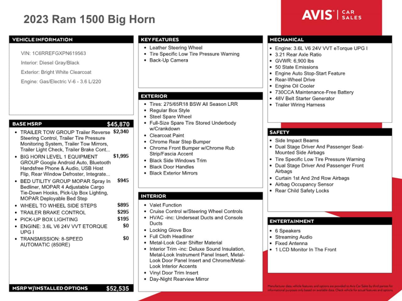 2023 RAM 1500 BIG HORN/LONE STAR VIN:1C6RREFGXPN619563