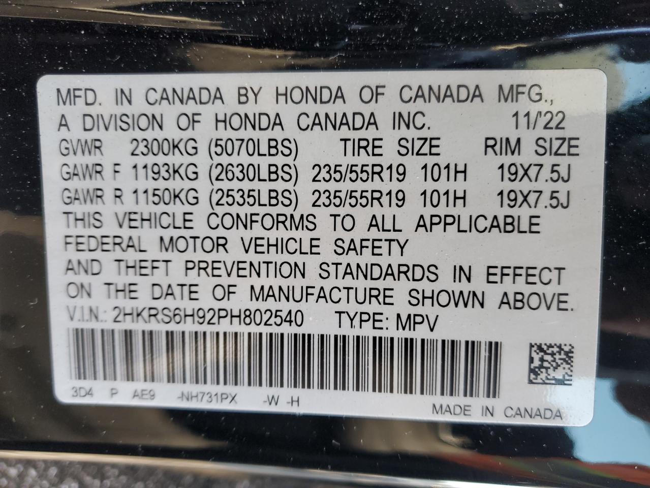 2023 HONDA CR-V SPORT TOURING VIN:2HKRS6H92PH802540
