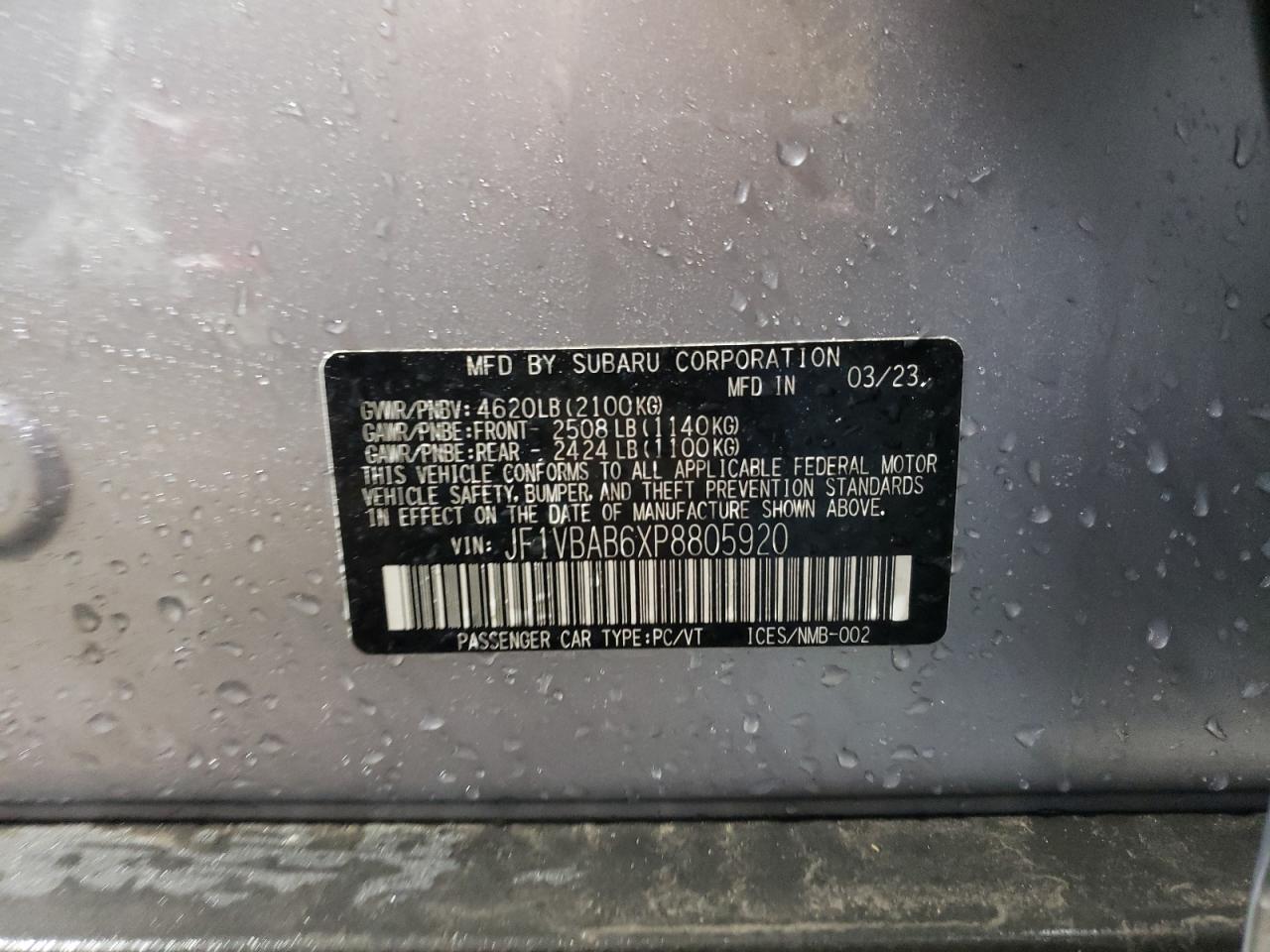 2023 SUBARU WRX  VIN:JF1VBAB6XP8805920