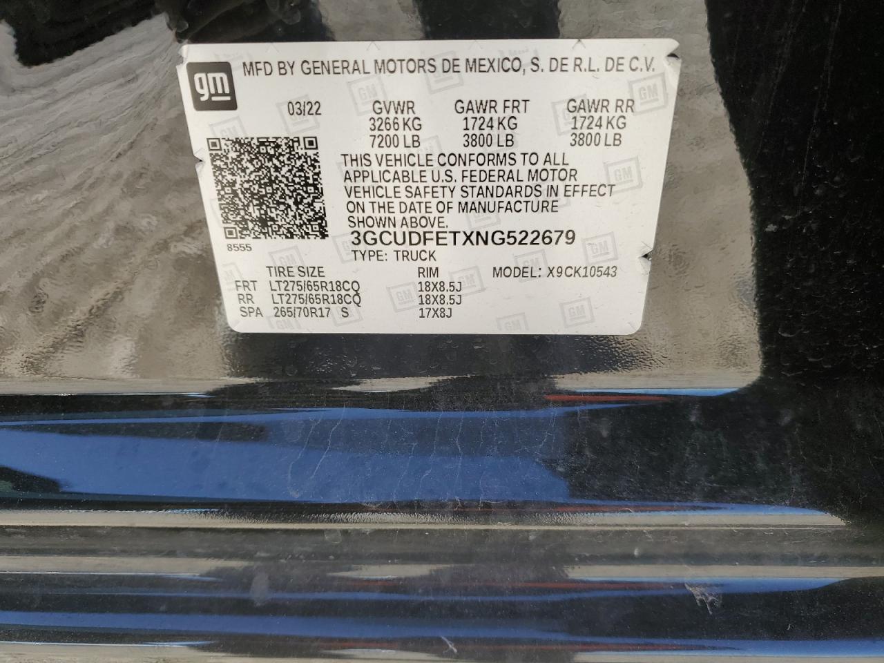 2022 CHEVROLET SILVERADO K1500 LT TRAIL BOSS VIN:3GCUDFETXNG522679