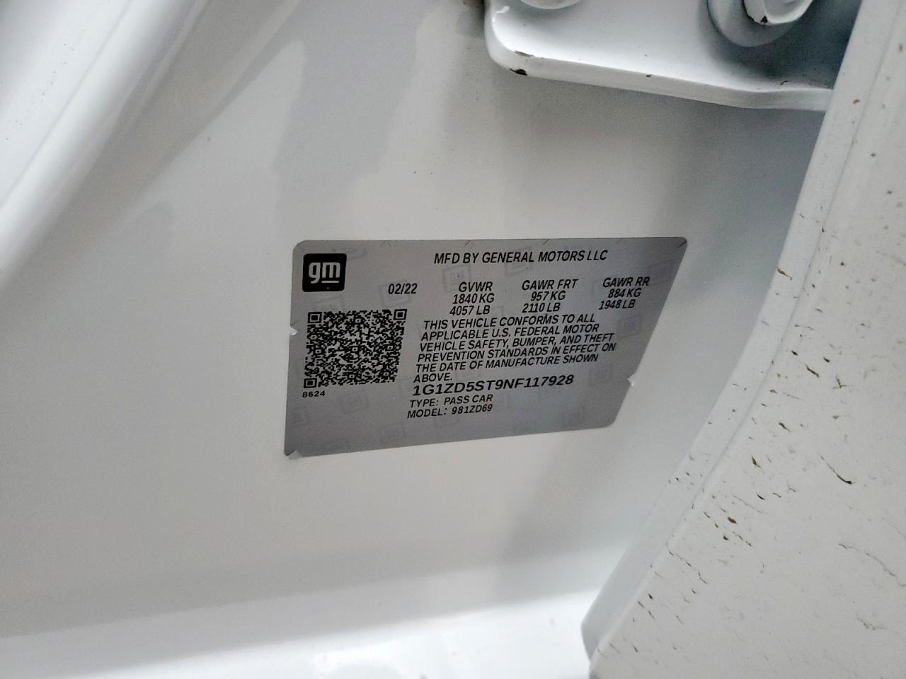 2022 CHEVROLET MALIBU LT VIN:1G1ZD5ST9NF117928