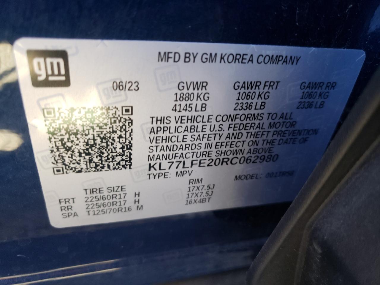 2024 CHEVROLET TRAX LS VIN:KL77LFE20RC062980