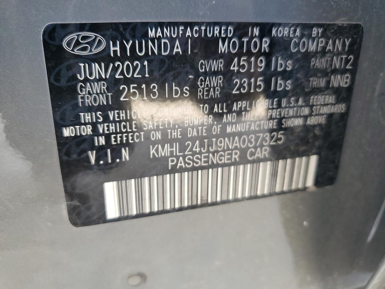 2022 HYUNDAI SONATA HYBRID VIN:KMHL24JJ9NA037325