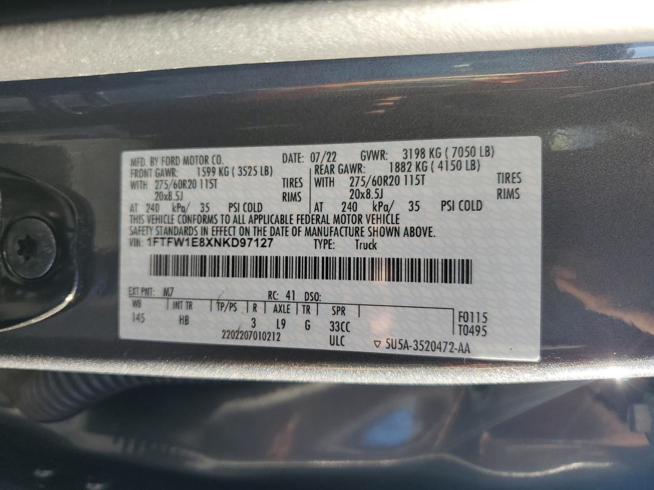 2022 FORD F150 SUPERCREW VIN:1FTFW1E8XNKD97127