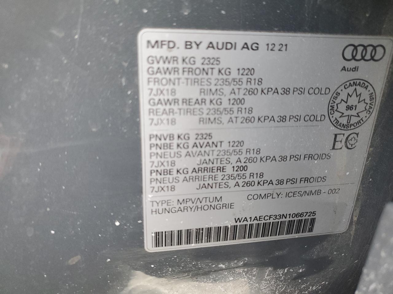 2022 AUDI Q3 KOMFORT 45 VIN:WA1AECF33N1066725