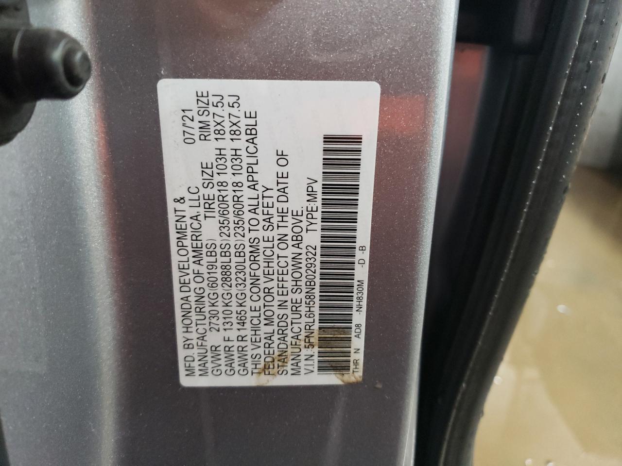 2022 HONDA ODYSSEY EX VIN:5FNRL6H58NB029322