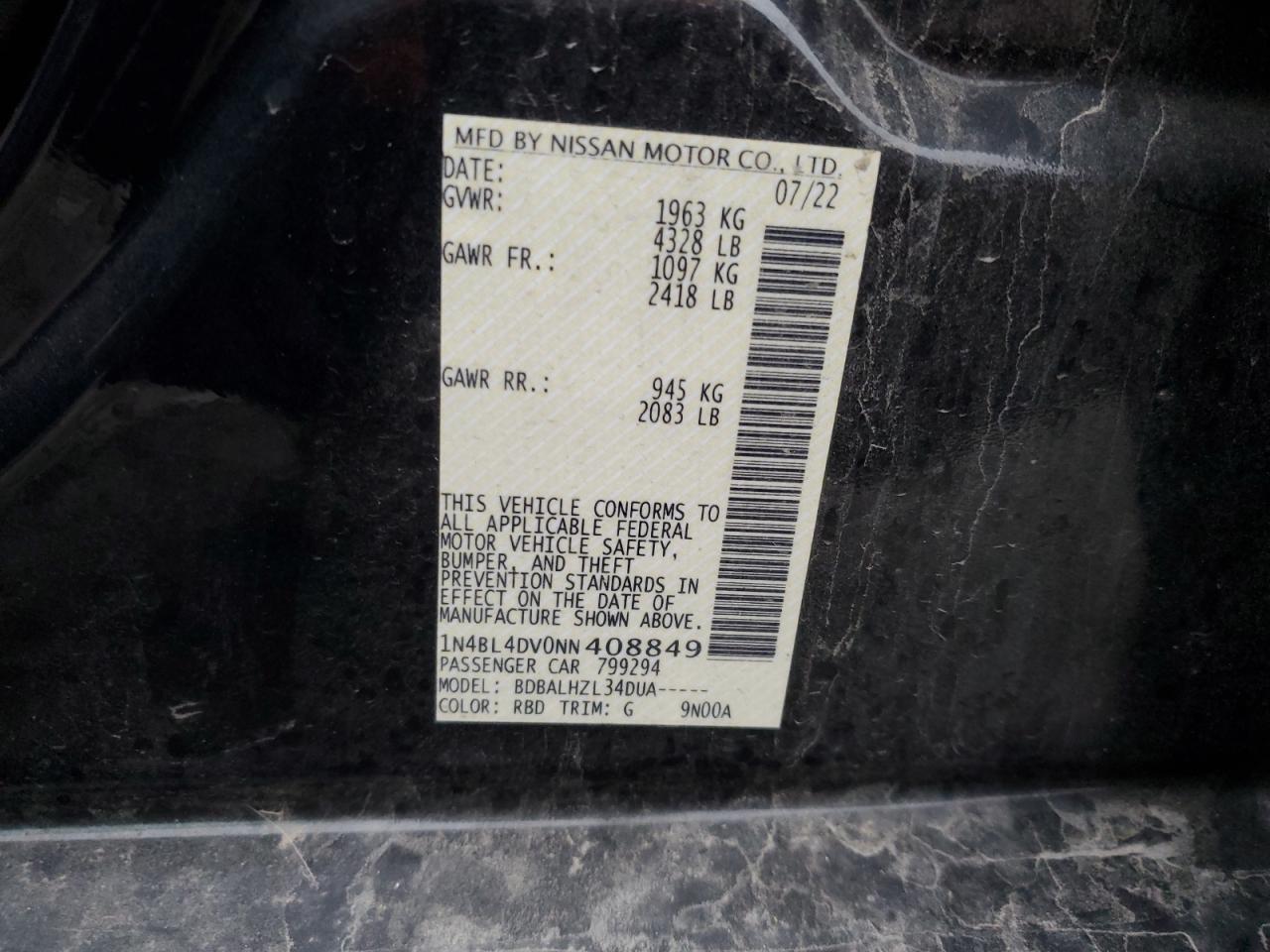 2022 NISSAN ALTIMA SV VIN:1N4BL4DV0NN408849