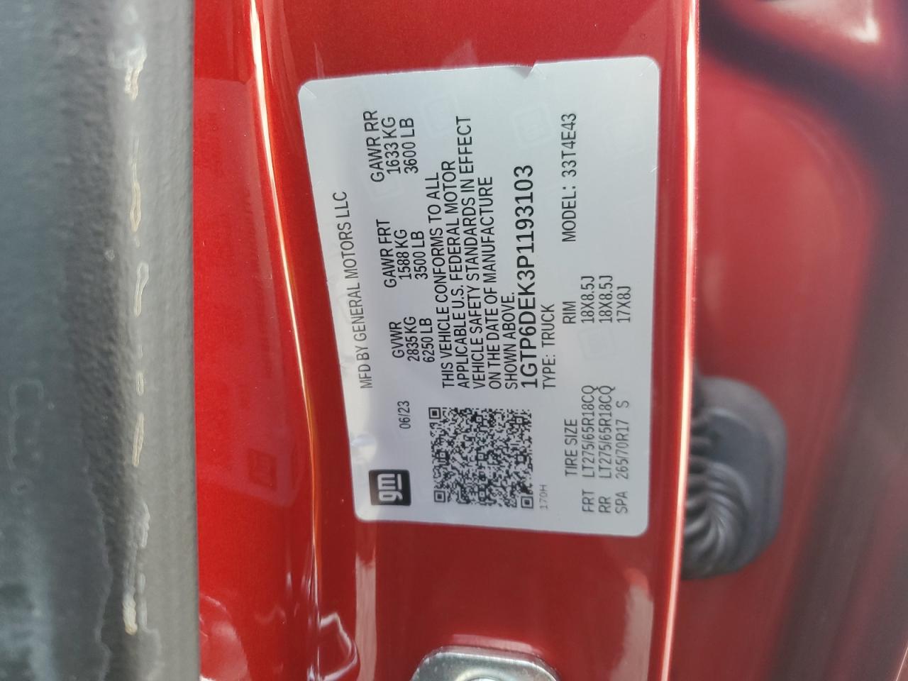 2023 GMC CANYON AT4 VIN:1GTP6DEK3P1193103