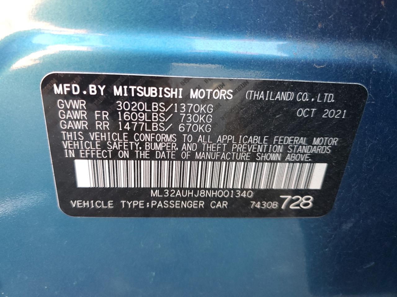 2022 MITSUBISHI MIRAGE ES VIN:ML32AUHJ8NH001340