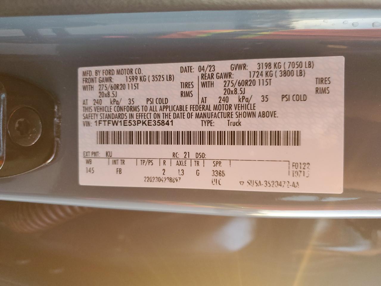 2023 FORD F150 SUPERCREW VIN:1FTFW1E53PKE35841