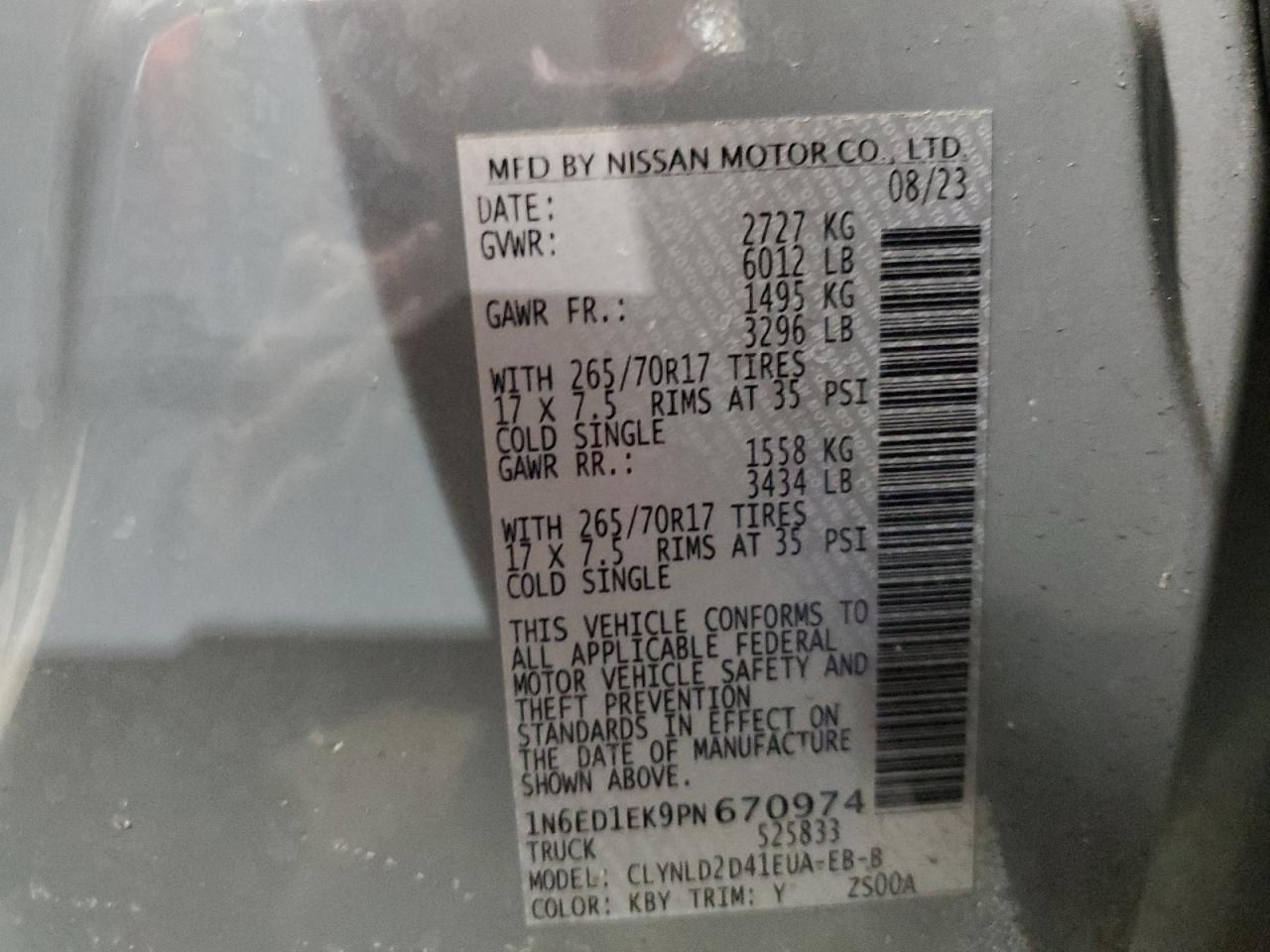 2023 NISSAN FRONTIER S VIN:1N6ED1EK9PN670974