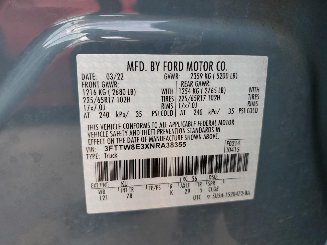 2022 FORD MAVERICK XL VIN:3FTTW8E3XNRA38355