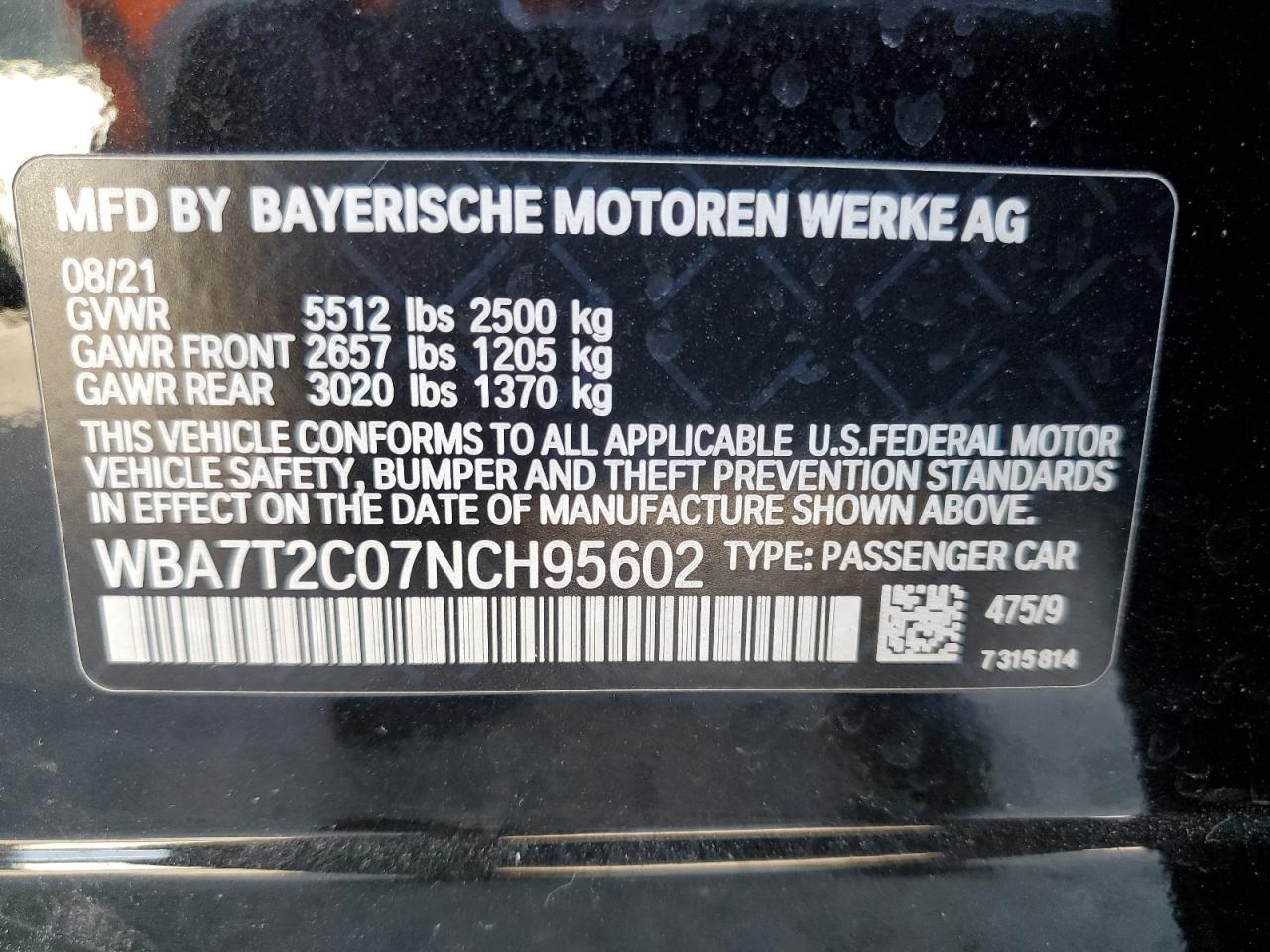 2022 BMW 740 I VIN:WBA7T2C07NCH95602