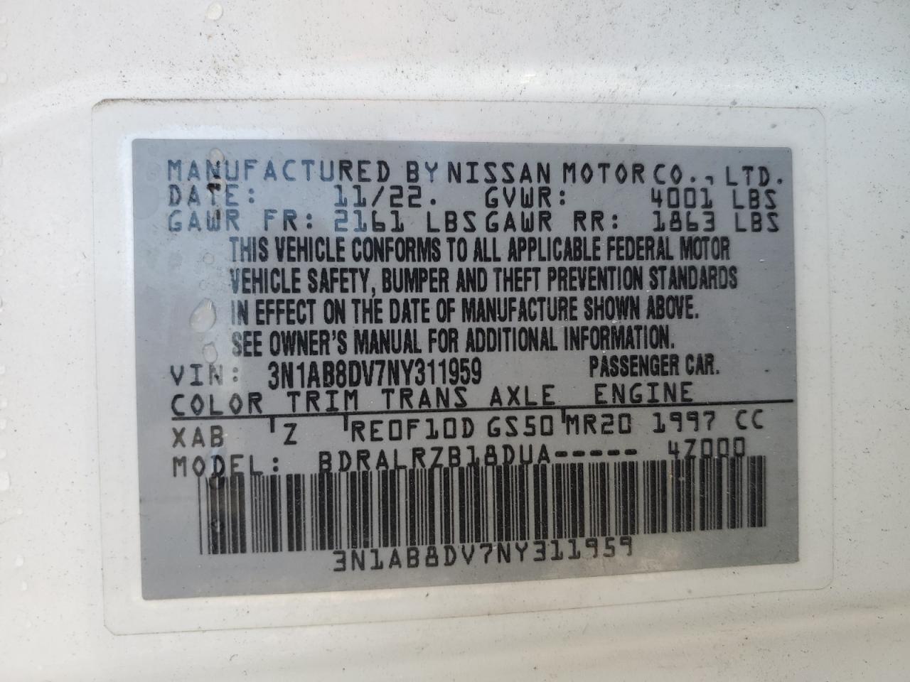 2022 NISSAN SENTRA SR VIN:3N1AB8DV7NY311959