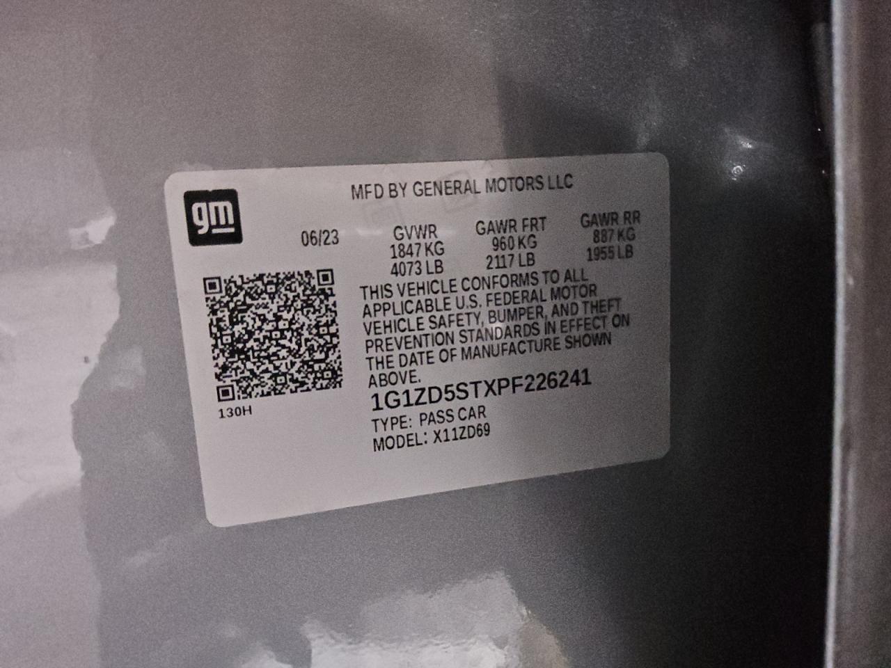 2023 CHEVROLET MALIBU LT VIN:1G1ZD5STXPF226241