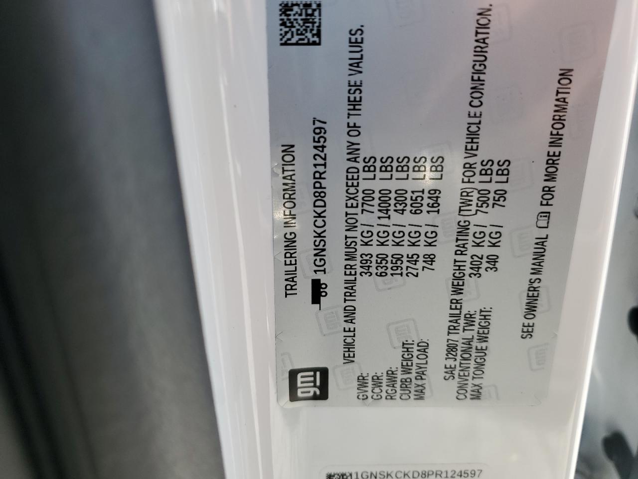 2023 CHEVROLET SUBURBAN K1500 LT VIN:1GNSKCKD8PR124597