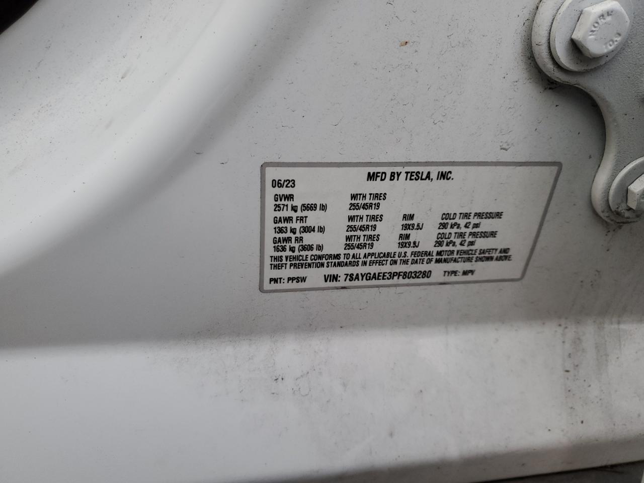 2023 TESLA MODEL Y  VIN:7SAYGAEE3PF803280