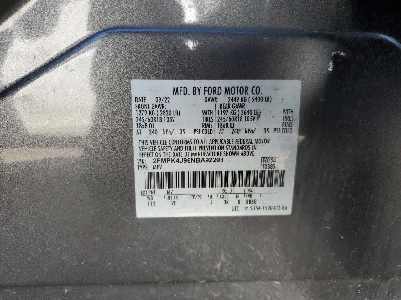 2022 FORD EDGE SEL VIN:2FMPK4J96NBA92293