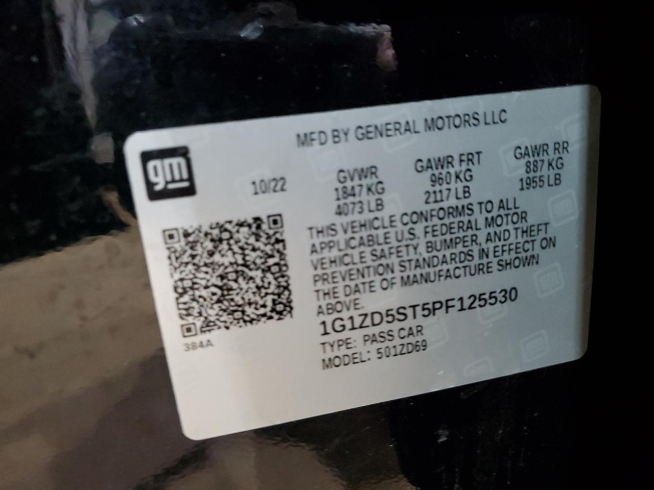 2023 CHEVROLET MALIBU LT VIN:1G1ZD5ST5PF125530