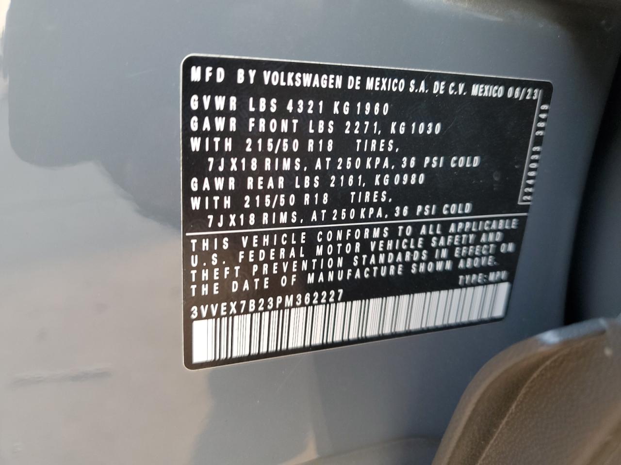 2023 VOLKSWAGEN TAOS SE VIN:3VVEX7B23PM362227