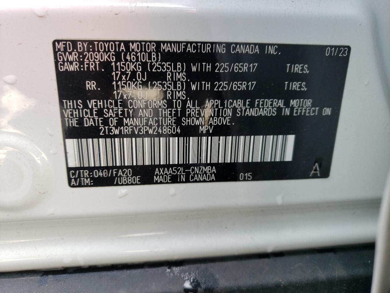 2023 TOYOTA RAV4 XLE VIN:2T3W1RFV3PW248604