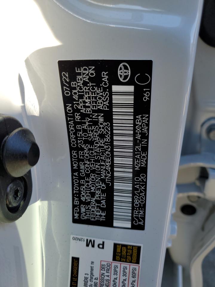 2022 TOYOTA COROLLA XSE VIN:JTNC4MBE0N3186223