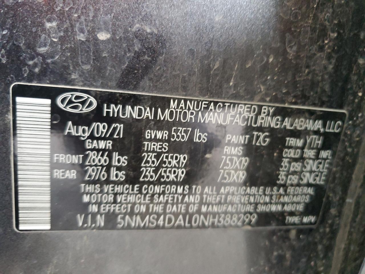 2022 HYUNDAI SANTA FE LIMITED VIN:5NMS4DAL0NH388299