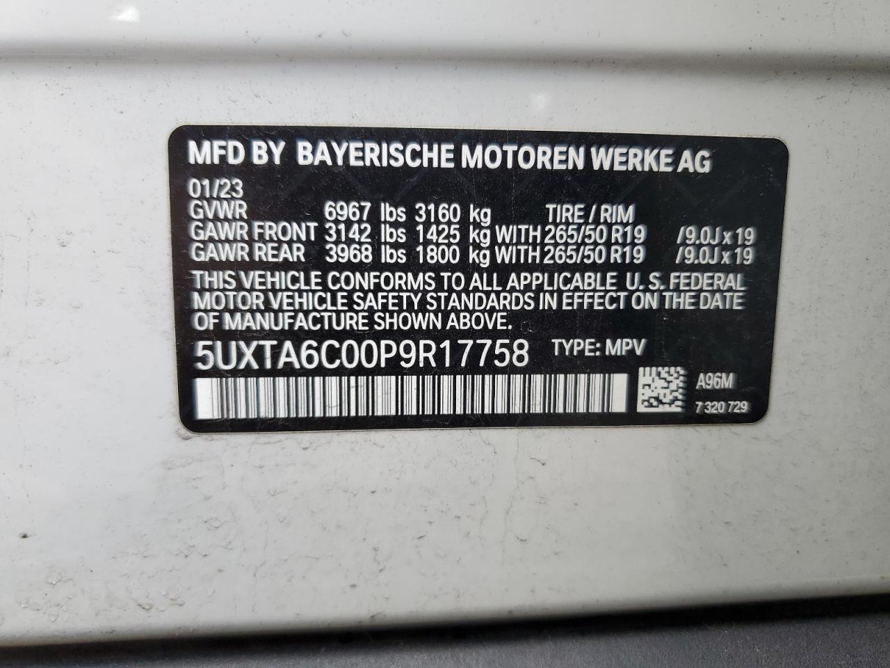 2023 BMW X5 XDRIVE45E VIN:5UXTA6C00P9R17758