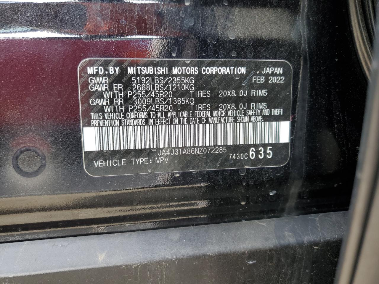 2022 MITSUBISHI OUTLANDER ES VIN:JA4J3TA86NZ072285