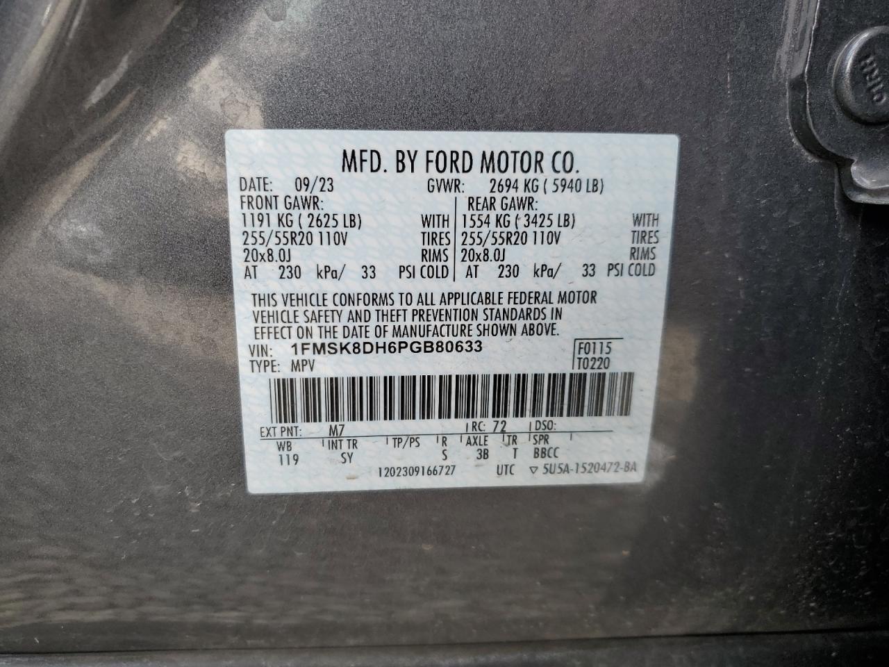 2023 FORD EXPLORER XLT VIN:1FMSK8DH6PGB80633