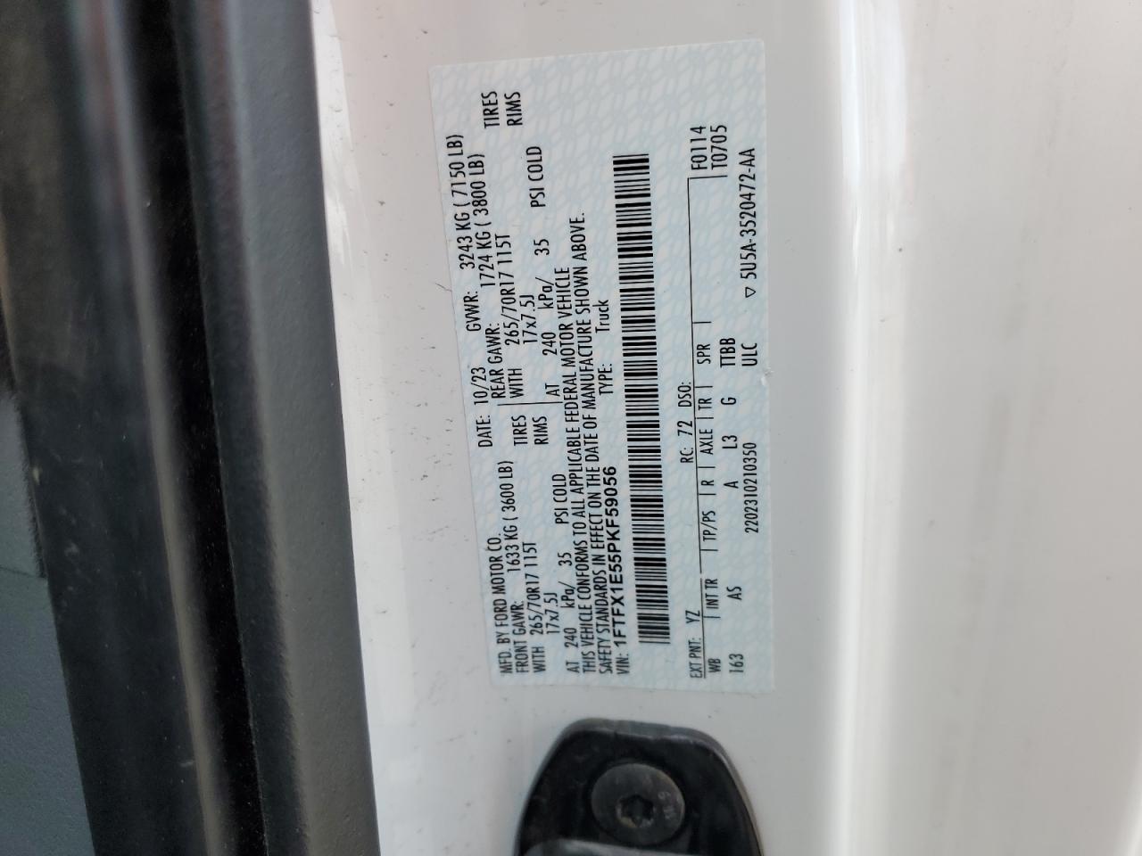 2023 FORD F150 SUPER CAB VIN:1FTFX1E55PKF59056