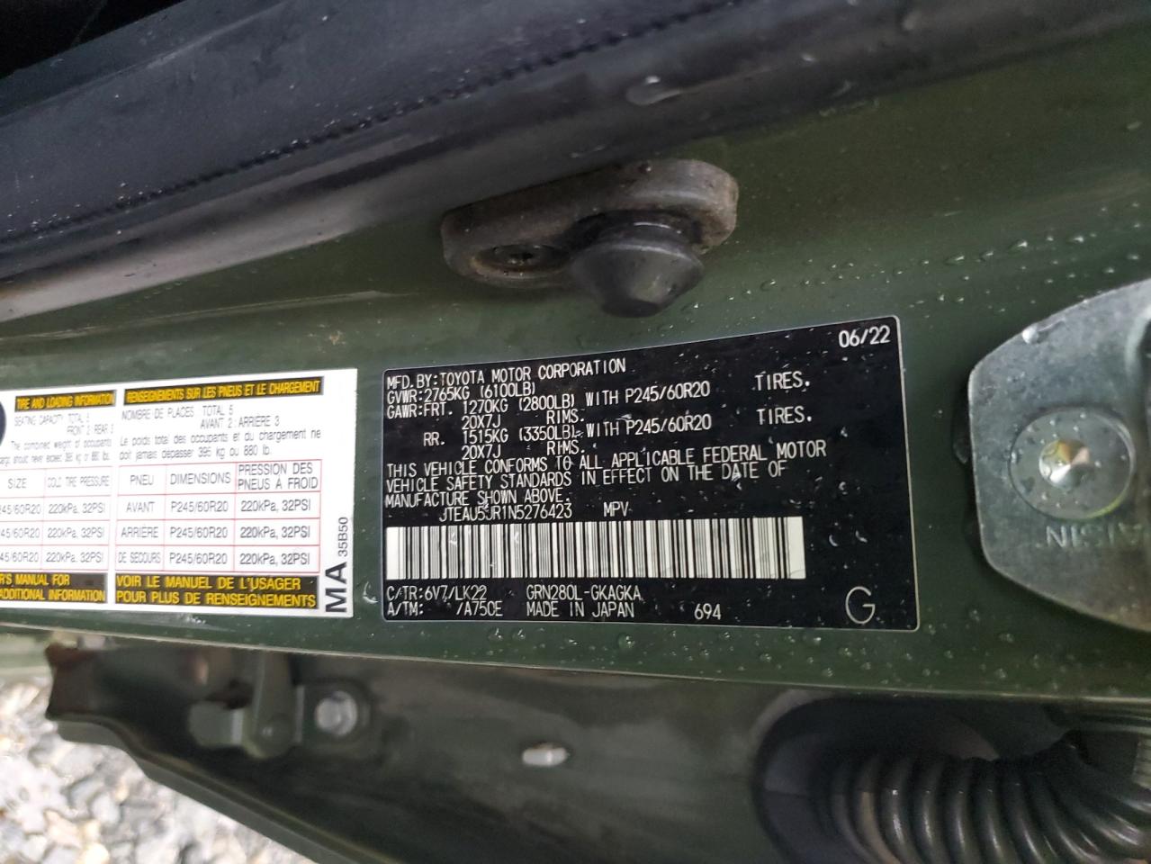 2022 TOYOTA 4RUNNER TRD SPORT VIN:JTEAU5JR1N5276423