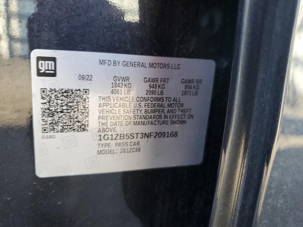 2022 CHEVROLET MALIBU LS VIN:1G1ZB5ST3NF209168