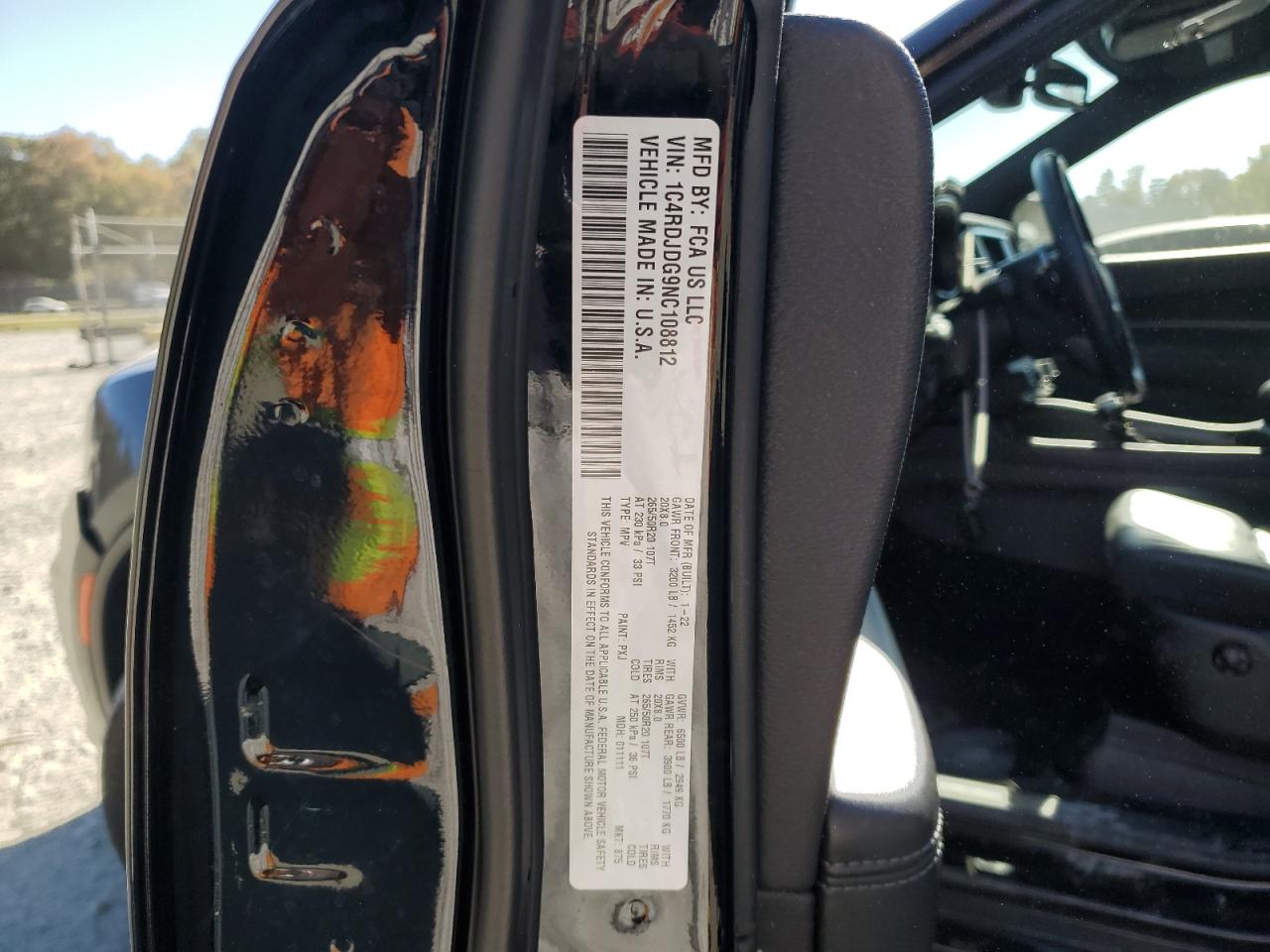 2022 DODGE DURANGO GT VIN:1C4RDJDG9NC108812