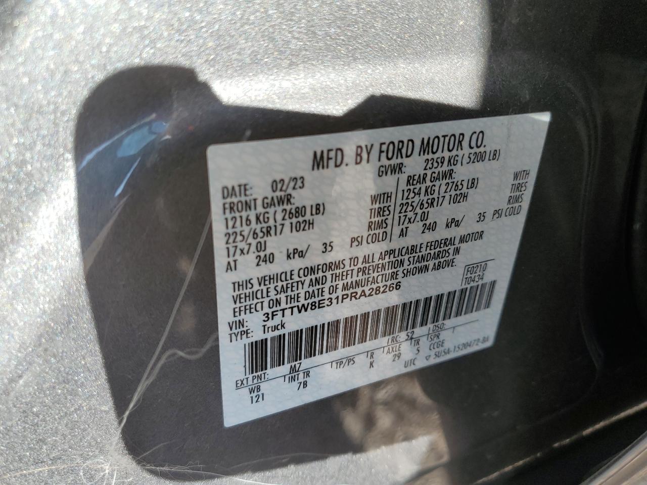 2023 FORD MAVERICK XL VIN:3FTTW8E31PRA28266