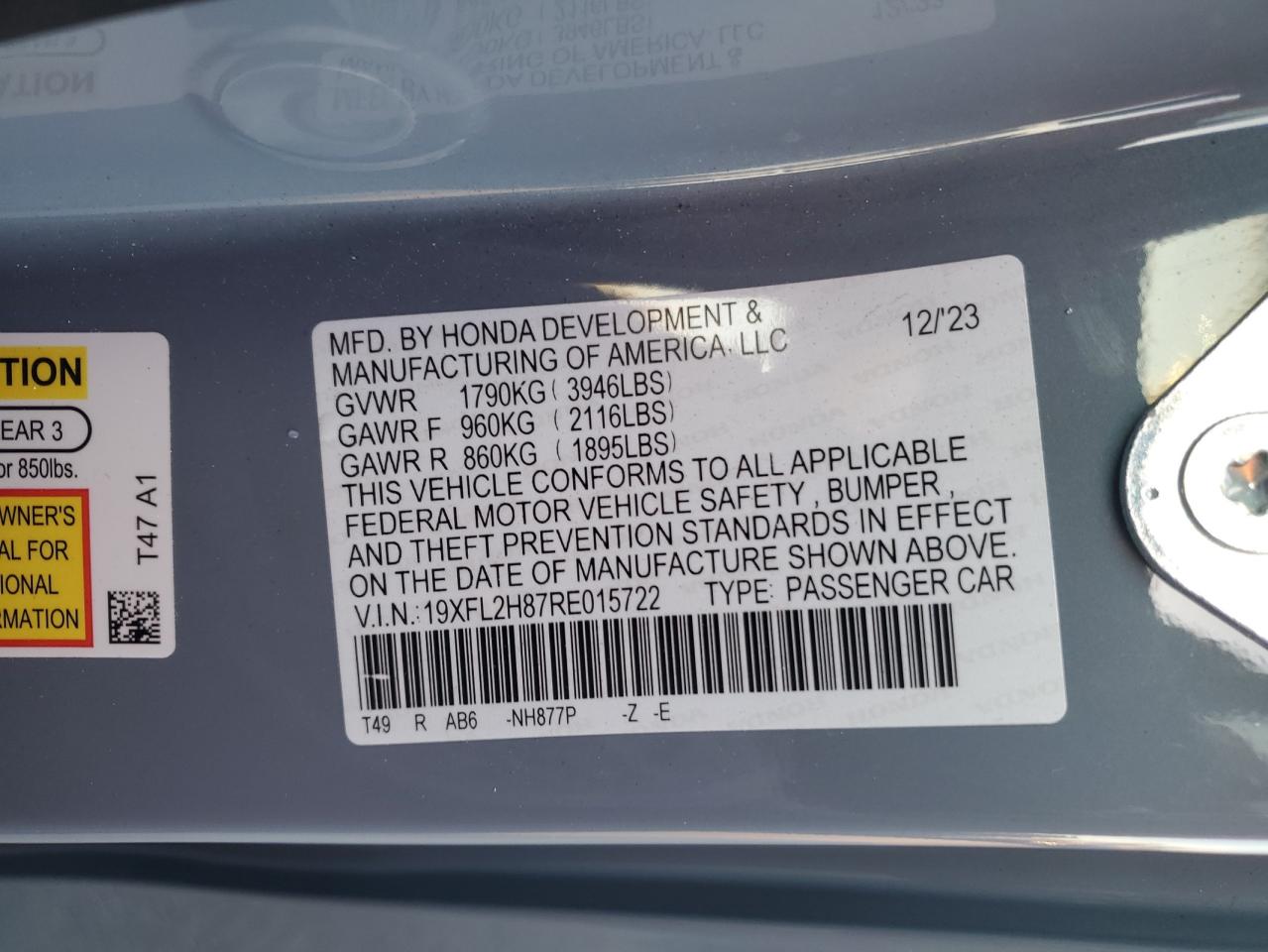 2024 HONDA CIVIC SPORT VIN:19XFL2H87RE015722