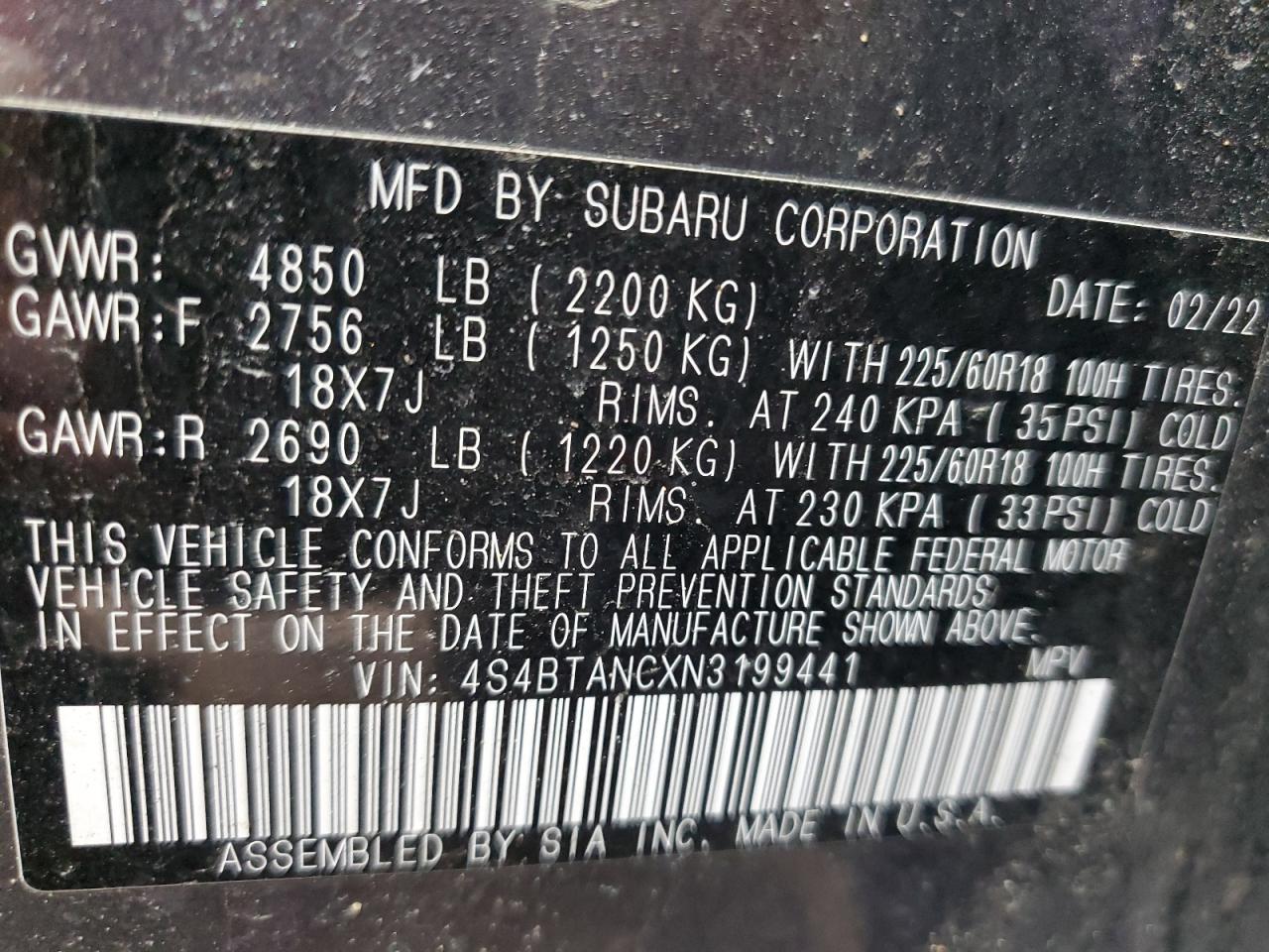 2022 SUBARU OUTBACK LIMITED VIN:4S4BTANCXN3199441