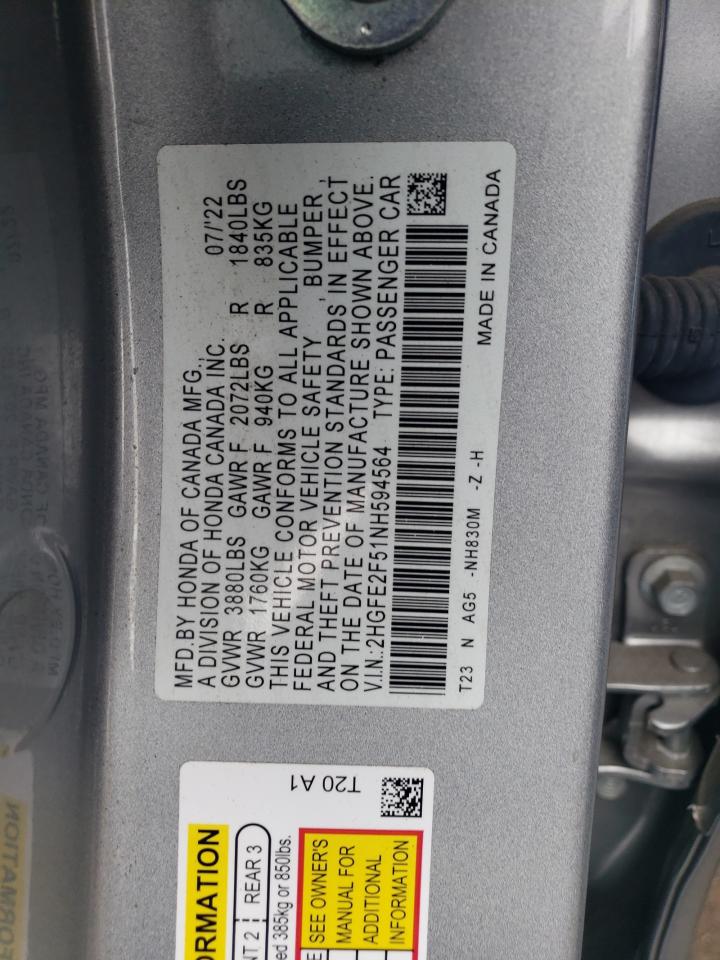 2022 HONDA CIVIC SPORT VIN:2HGFE2F51NH594564