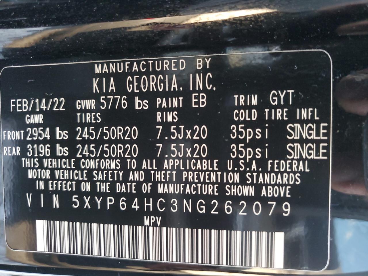 2022 KIA TELLURIDE S VIN:5XYP64HC3NG262079