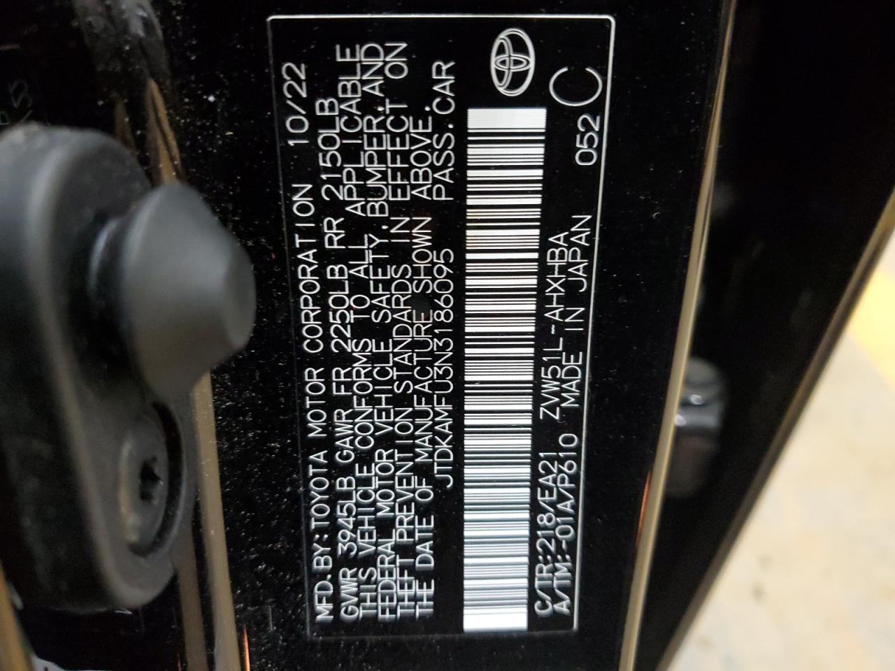 2022 TOYOTA PRIUS NIGHT SHADE VIN:JTDKAMFU3N3186095