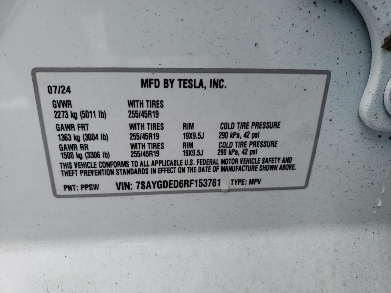 2024 TESLA MODEL Y  VIN:7SAYGDED6RF153761