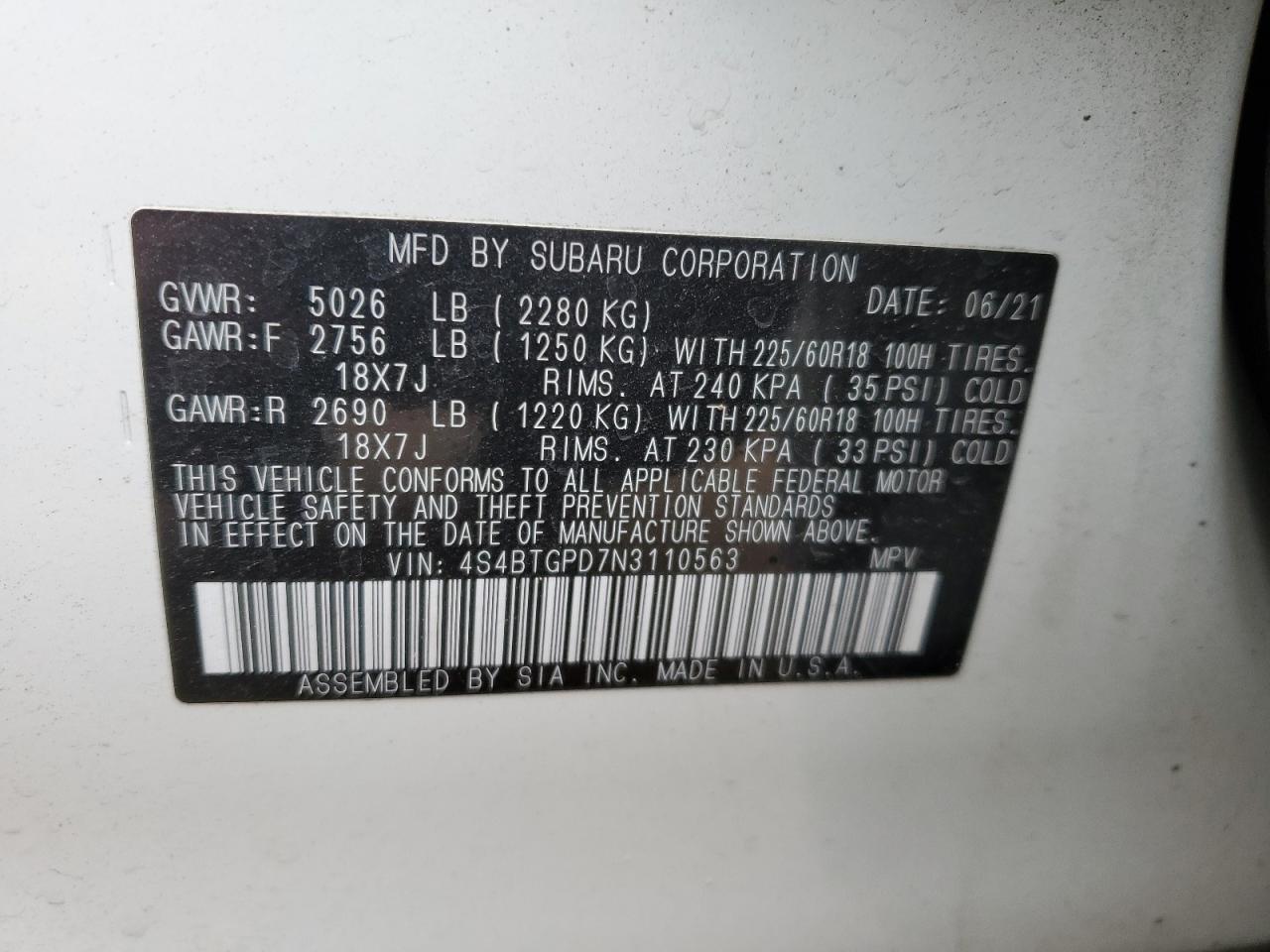 2022 SUBARU OUTBACK TOURING VIN:4S4BTGPD7N3110563