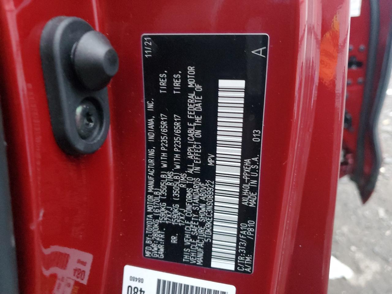 2022 TOYOTA SIENNA LE VIN:5TDKRKEC3NS089922
