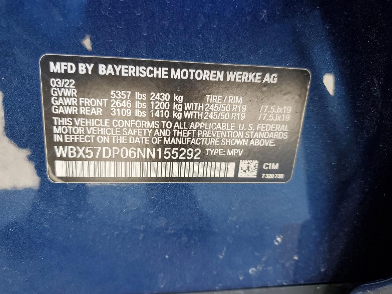 2022 BMW X3 XDRIVE30I VIN:WBX57DP06NN155292